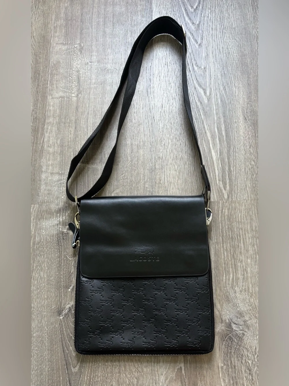 Lacoste Black Embossed Leather Messenger Bag